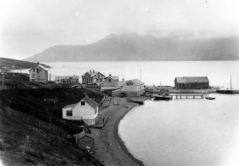 Ítarlegar upplýsingar hafa borist um þessa mynd: Þetta er Bakkagerðiseyri við Reyðarfjörð. Búðareyrin er litlu innar. Watnebræður byggðu þarna um eða rétt fyrir 1886. Bryggjan heitir Barkurinn og leifar hennar standa enn. Þeir munu hafa sökkt þarna barkskipi og byggt bryggjuna ofan á það. Næst fyrir ofan bryggjuna er pakkhús, sem nýtt var alveg fram yfir 1970. Þar fyrir ofan er annað pakkhús, líklega einnig nýtt sem sláturhús á tímabili. Þar fyrir ofan er hið eiginlega Wathnehús (snýr stafni í vestur með einn glugga) síðar nefnt Johansenshús eftir Rolf Johansen sem bjó þar og verzlaði. Næst kemur glæsilegt tveggja hæða íbúðarhús sem byggt var líklega 1918 (heitir Valhöll) úr efni úr öðru norsku húsi, Imslandshúsi sem stóð sunnan fjarðar. (Áður stóð á þessum stað íbúðarhús Watnebræðra sem þeir fluttu á Seyðisfjörð og varð þar eldi að bráð 1992) Síðan kemur steypt fjósbygging sem snýr norður suður. Efst er íbúðarhúsið Sunnuhvoll, byggt á þriðja áratugnum. Í fjörunni hér næst á myndinni er verzlunin Framsókn, síðast  í eigu Kristins Magnússonar (hann bjó í Sunnuhvoli). Áður höfðu verlzað þar Thuliníus, Hinar sameinuðu ísl. verzlanir og Magnús Magnússon. Handan fjarðar eru Breiðihjalli og Eyrafjall. Þar í fjallsegginni er drangur sem heitir EYRARMAÐUR.