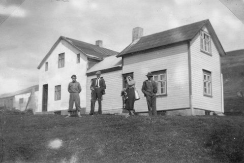 Þetta eru Veigastaðir á Svalbarðsströnd. Myndin sennilega tekin fyrir heimsstyrjöldina síðari. Steinhúsið á jörðinni var byggt 1930. - Minjasafnið á Akureyri / album-352-33 frá Minjasafninu á Akureyri