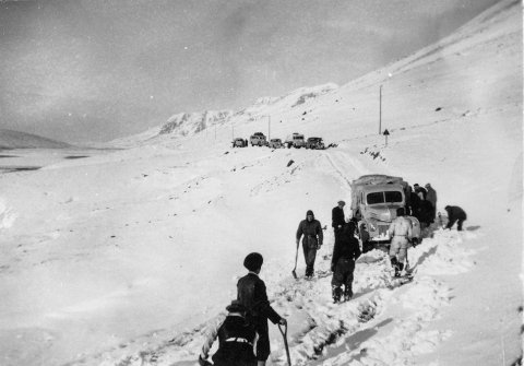 Eftir nokkur röng gisk áttuðu margir sig á því hvar myndin er tekin. Gísli Sigurgeirsson, fyrrverandi fréttamaður á Akureyri, skrifaði til dæmis: Já, þetta er í Æsustaðaskriðunum, skammt utan við mynni Svartárdals syðst í Langadal. Þarna hlykkjaðist vegurinn með skriðunum og gat verið erfiður í snjó og varasamur í hálku. Þarna er Ford fremstur, gæti verið A 174, sem karl faðir minn ók. Myndin er frá fimmta áratug síðustu aldar sýnist mér. Vegurinn var síðar færður niður á bakkana, þar sem hægt var að hafa hann beinan og oftast greiðfæran. - / m-stae1-16501 frá Minjasafninu á Akureyri