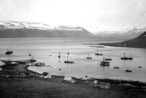 Þetta er Bíldudalur. „Þarna sér yfir Haganes til Suðurfjarða og fjærst er Geirþjófsfjörður,“ skrifaði einn lesenda, Gústaf Jónsson, og Kolbeinn Gunnarsson sendi eftirfarandi: „Mynd tekin eftir 1891 því þarna sést Kaldibakki sem var byggður það ár.“ / m-stae-5-0563 frá Minjasafninu á Akureyri