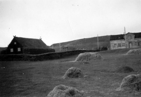 36 - Torfkirkjan í Víðimýri í Skagafirði. Myndin tekin neðan við bæinn (gamla bæinn) og sést bakgafl kirkjunnar og klukku-hliðið fyrir framan.  - Minjasafnið á Akureyri / Album 047-108