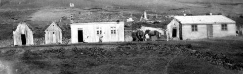 39 - Þetta er Hleiðargarður í gamla Saurbæjarhreppi í Eyjafirði. Seinna var byggt á milli baðstofunnar og fjóssins, sem var byggt 1927. Fjósið er nyrst, lengst til hægri á myndinni. Til vinstri við hestana er baðstofan, það var búið í þessu húsi allt til 1974 - 1979. Myndin er tekin um 1934. -  Minjasafnið á Akureyri / Album 041-095