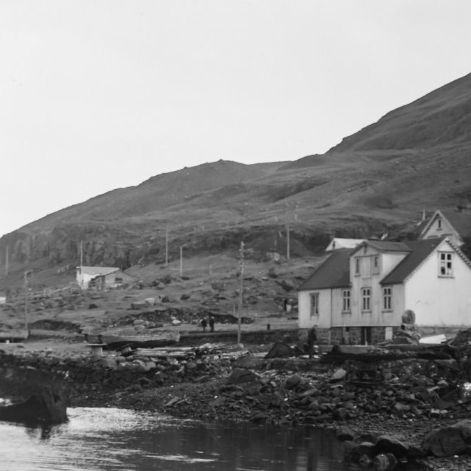 Þetta er hin svokallaða Búðareyri á Seyðisfirði, þar sem Hús Otto Wathne stendur. Fleiri Wathnehús stóðu þar, m.a. fremstu húsin tvö til hægri, en eru nú bæði horfin – Ólafur Jónsson ráðunautur og rithöfundur tók myndina.