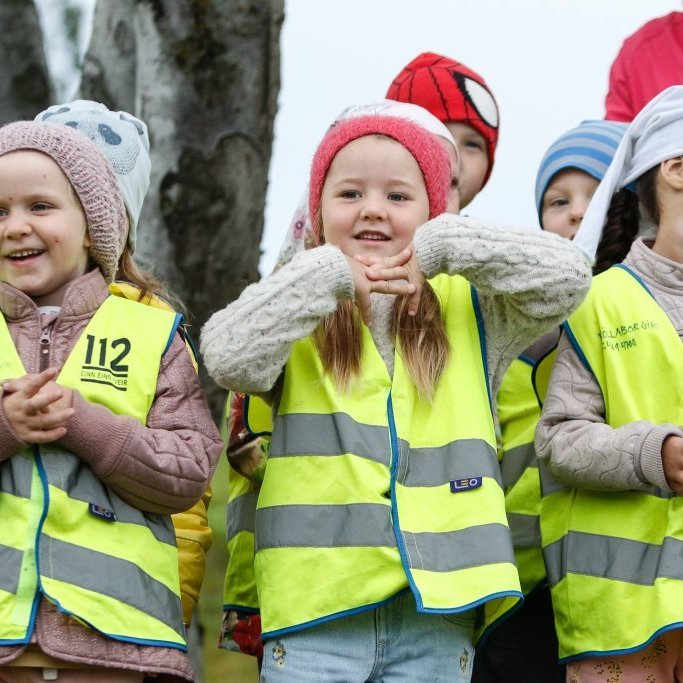 Leikskólabörn af Tröllaborg og Krógabóli þegar fáni Akureyrarvöku var dreginn að húni efst í Listagilinu á föstudagsmorgun. Mynd: Rakel Hinriksdóttir