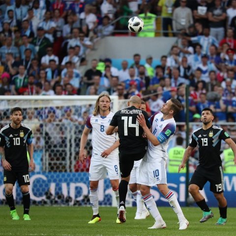 Moskva 16. júní 2018 - Ísland gegn Argentínu; Lionel Messi, Birkir Bjarnason, Javier Mascherano, Gylfi Þór Sigurðsson og Sergio Aguero. © Skapti Hallgrímsson