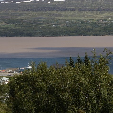 Eyjafjarðará var straumþung og mórauð eins og glöggt má sjá. Pollurinn, sá fallegi blái flötur, mátti sín ekki mikils. Ljósmynd: Skapti Hallgrímsson