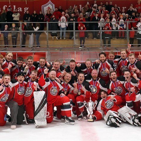 SA Víkingar Íslandsmeistarar í íshokkí 2025. Þetta er 24. Íslandsmeistaratitill Skautafélags Akureyrar í karlaflokki. Mynd: Skapti Hallgrímsson