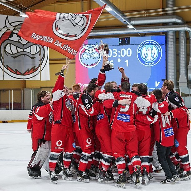 SA Víkingar Íslandsmeistarar í íshokkí 2025. Þetta er 24. Íslandsmeistaratitill Skautafélags Akureyrar í karlaflokki. Mynd: Rakel Hinriksdóttir
