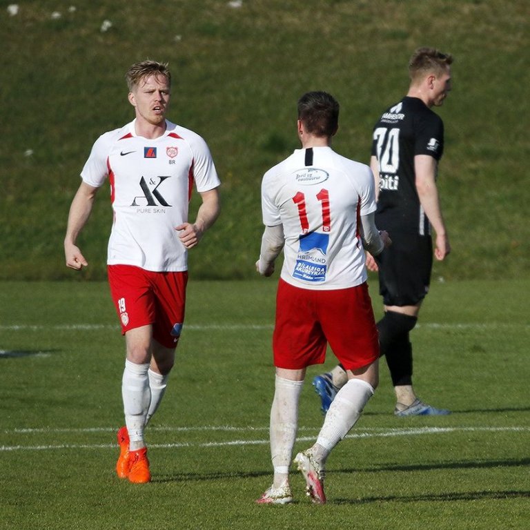 Magni - Þór 3:4 í 20. umferð Lengjudeildarinnar, 4. október 2020. Sigurður Marinó Kristjánsson og Fannar Daði Malmquist Gíslason fagna marki Sigurðar. Ljósmynd: Skapti Hallgrímsson