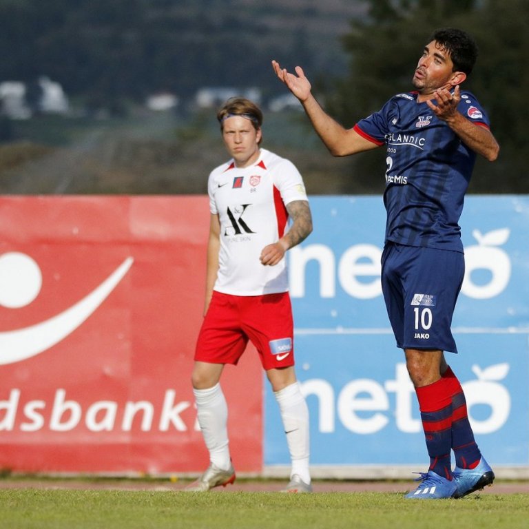 Þór - Vestri 0:1 í 4. umferð Lengjudeildarinnar, 9. júlí 2020. Ignacio Gil Echevarria, fyrrum Þórsari, sem gerði eina mark leiksins. Bjarki Þór Viðarsson í fjarska. Ljósmynd: Skapti Hallgrímsson