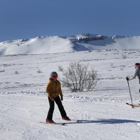 Ungur skíðamaður á leið niður Heimþrána, fjallaskíðagarpur á uppleið.